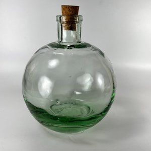 Hand Blown Round Glass Bottle Jug Decanter Green Hue Decorative Vtg Retro Look